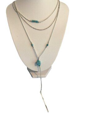 Nakamol Silver Tone Layered Necklace 3 Stands Turquoise Beads Bar Pendant Adj